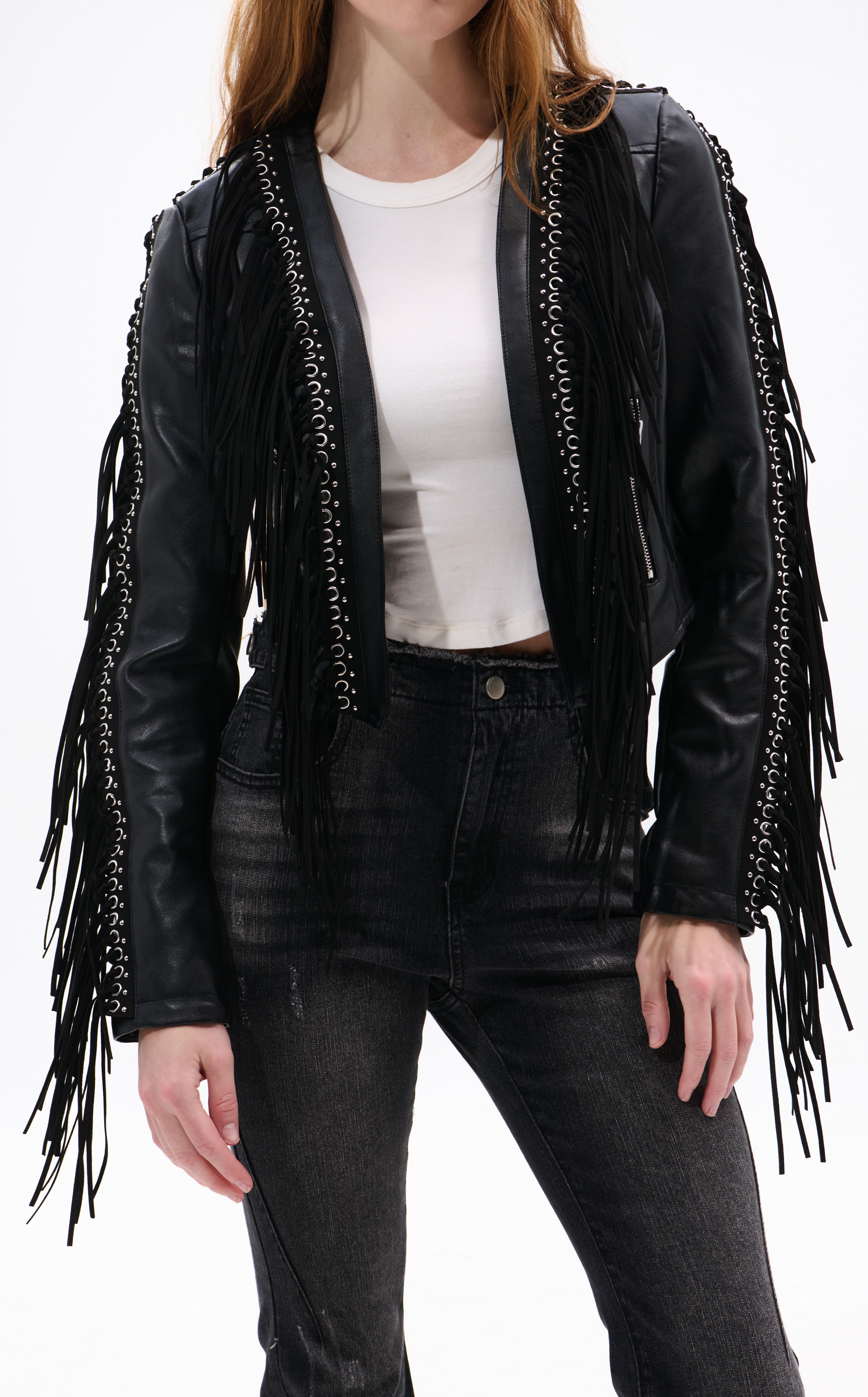 AZALEA WANG Olivier Black Faux Leather Fringe Western Jacket