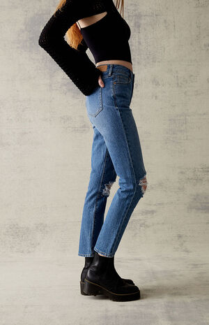 Eco Dark Blue Stretch Ripped Mom Jeans image number 3