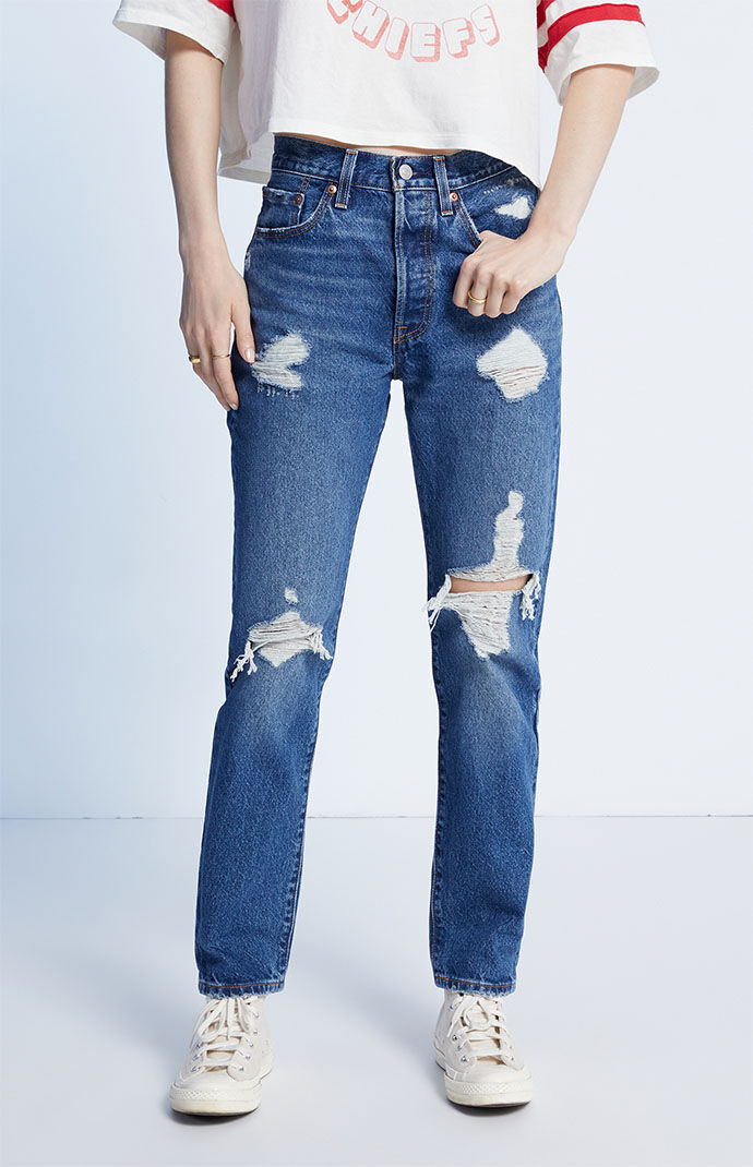 501 Dark Blue Ripped Straight Leg Jeans