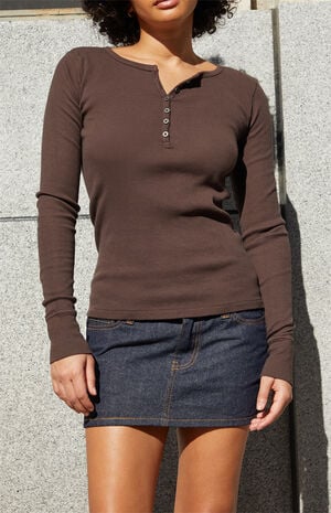 Brown Ribbed Long Sleeve Top image number 1