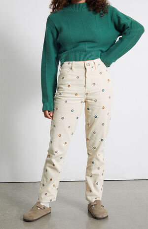 Flower Embroidered Corduroy Mom Jeans image number 4