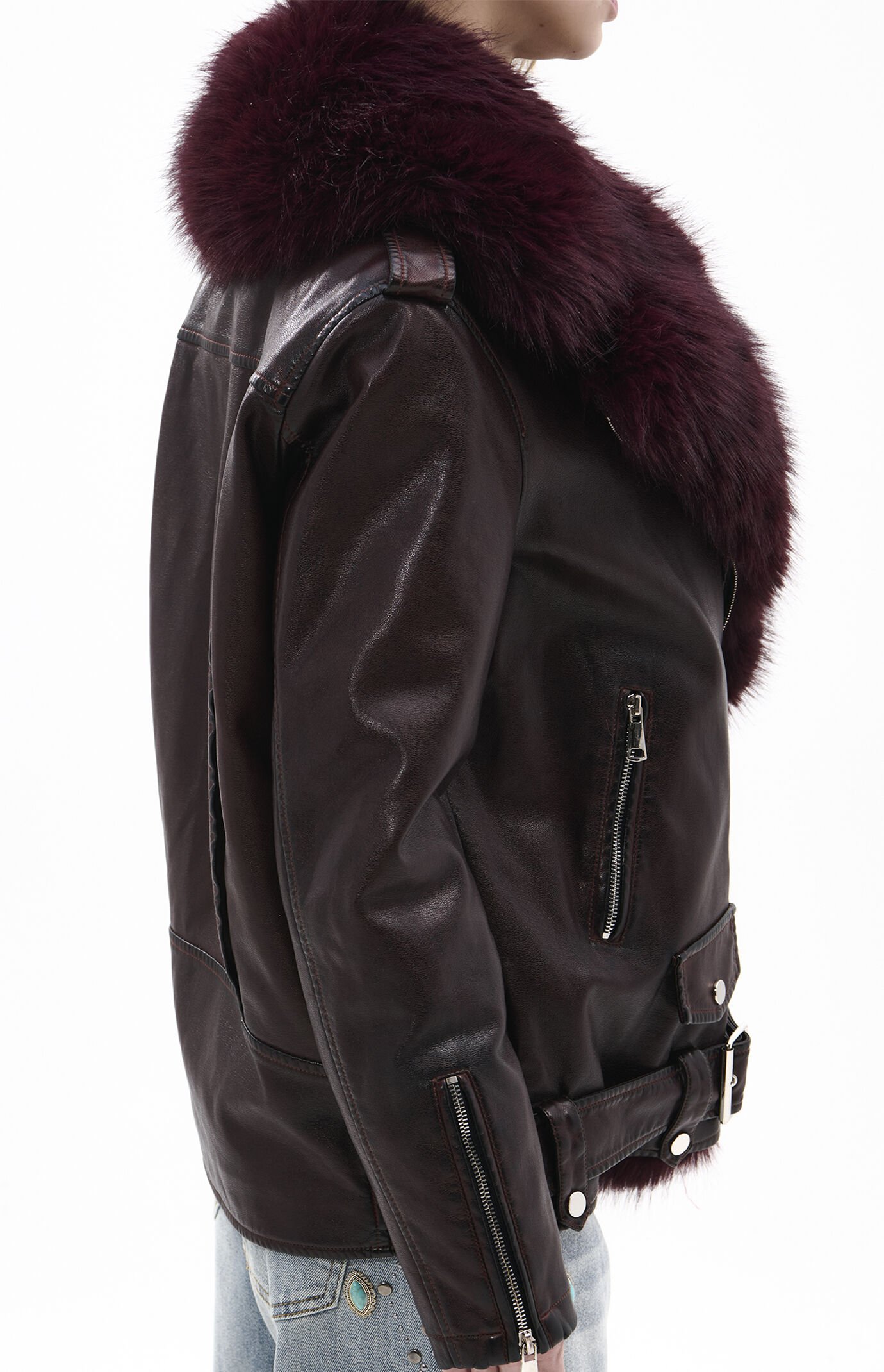 AZALEA WANG Aurelia Burgundy Faux Leather & Fur Moto Jacket