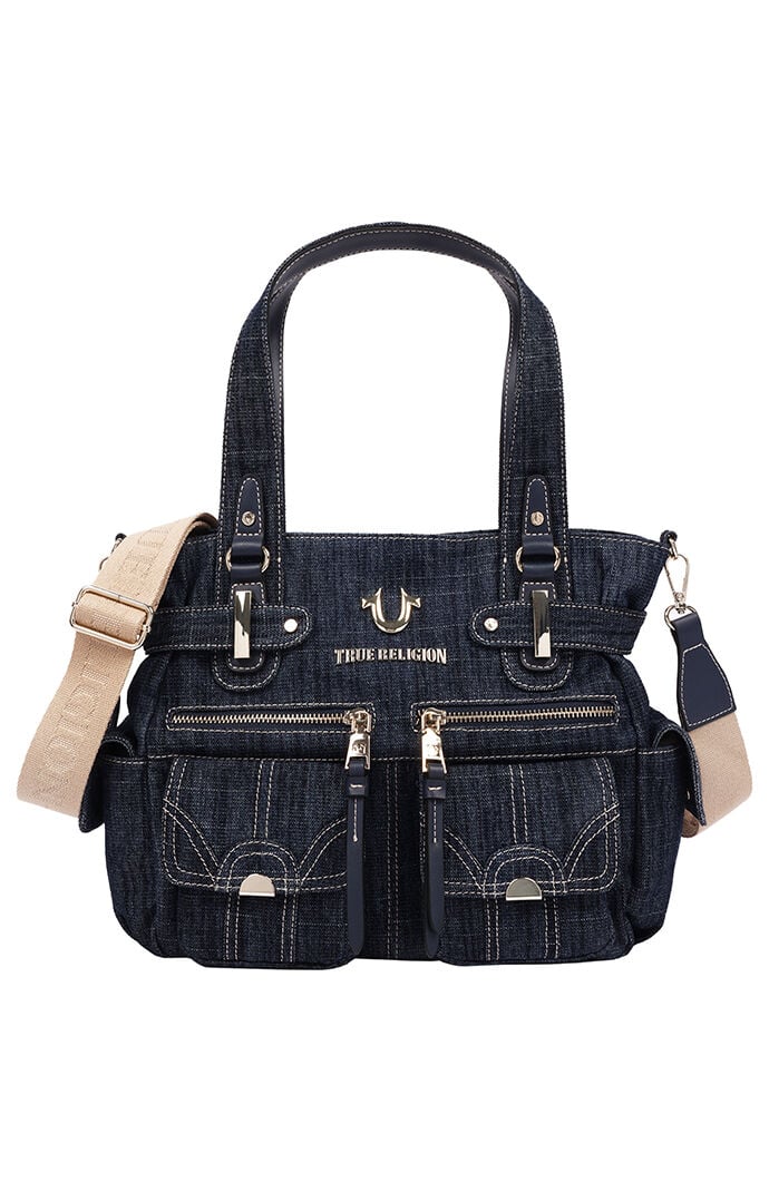 True Religion Multi Pocket Dark Denim Cinch Tote Bag