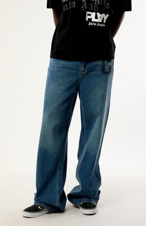 Medium Blue Graffiti Logo Baggy Wide Leg Jeans image number 3