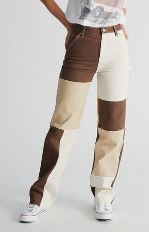 Tan & Brown Patchwork&nbsp;Boyfriend Carpenter Pants image number 1