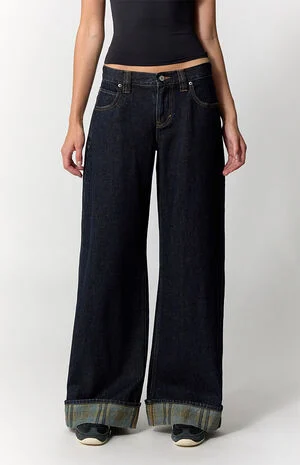 Sloane Low Rise Ultra Baggy Jeans Plaid Roll Cuff Dark Blue image number 2