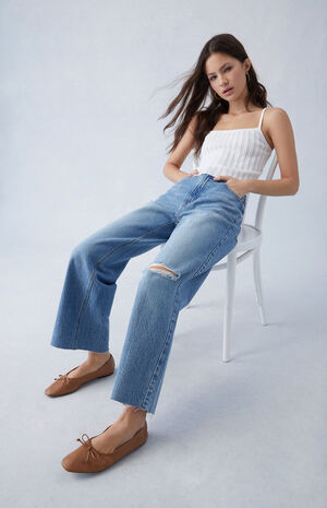 Eco Medium Indigo Ripped Cropped Wide Leg Jeans image number 5