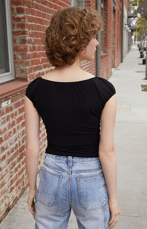 Black Ruched Cap Sleeve Top image number 3