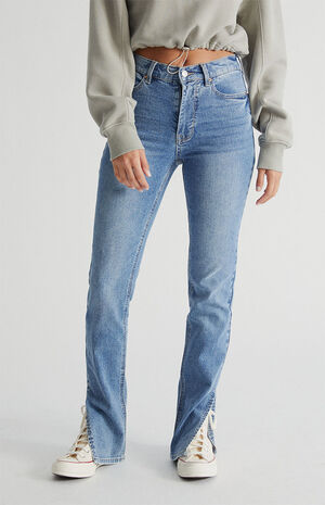 Medium Blue High Waisted Slim Flare Jeans image number 1