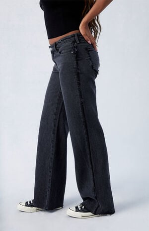 Black Frayed Wren Low Rise Wide Leg Jeans image number 3