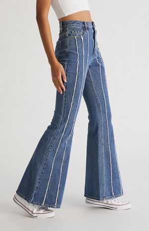 Eco Medium Blue Frayed Stripe High Waisted Flare Jeans image number 1