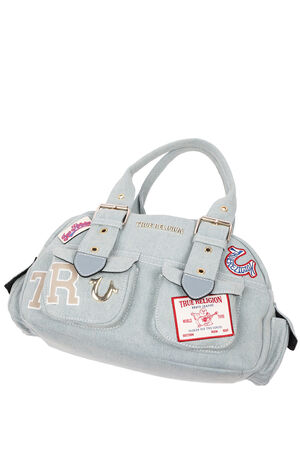 Denim Blue Multi Patch Satchel Bag image number 9