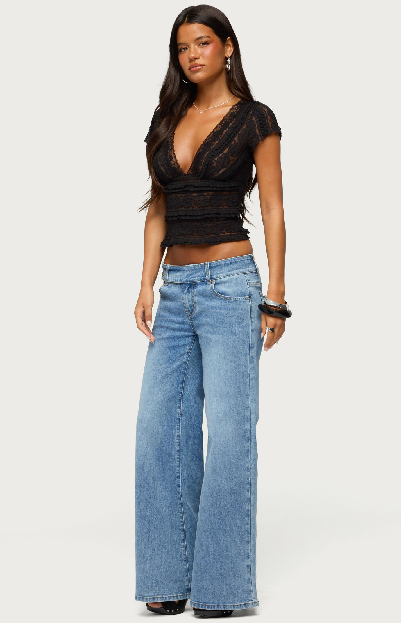 Edikted Avalee Sheer Lace V Neck Top