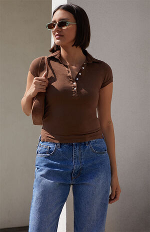 Brown Short Sleeve Polo Top image number 1