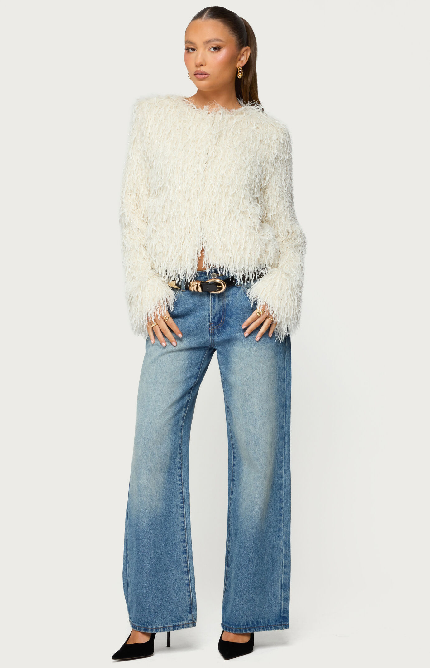 Edikted Aleandra Fringed Faux Feather Jacket