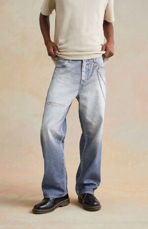 Medium Indigo Graphic Printed Chain Baggy Jeans image number 2