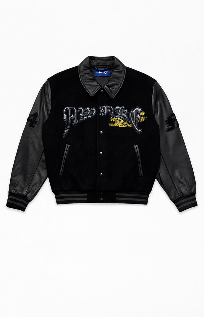 Awake NY Dragon Embroidered Leather Varsity Jacket