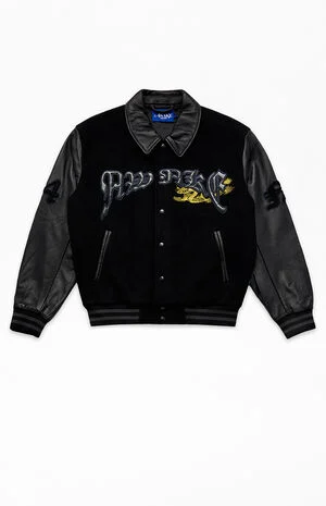 Dragon Embroidered Leather Varsity Jacket image number 1