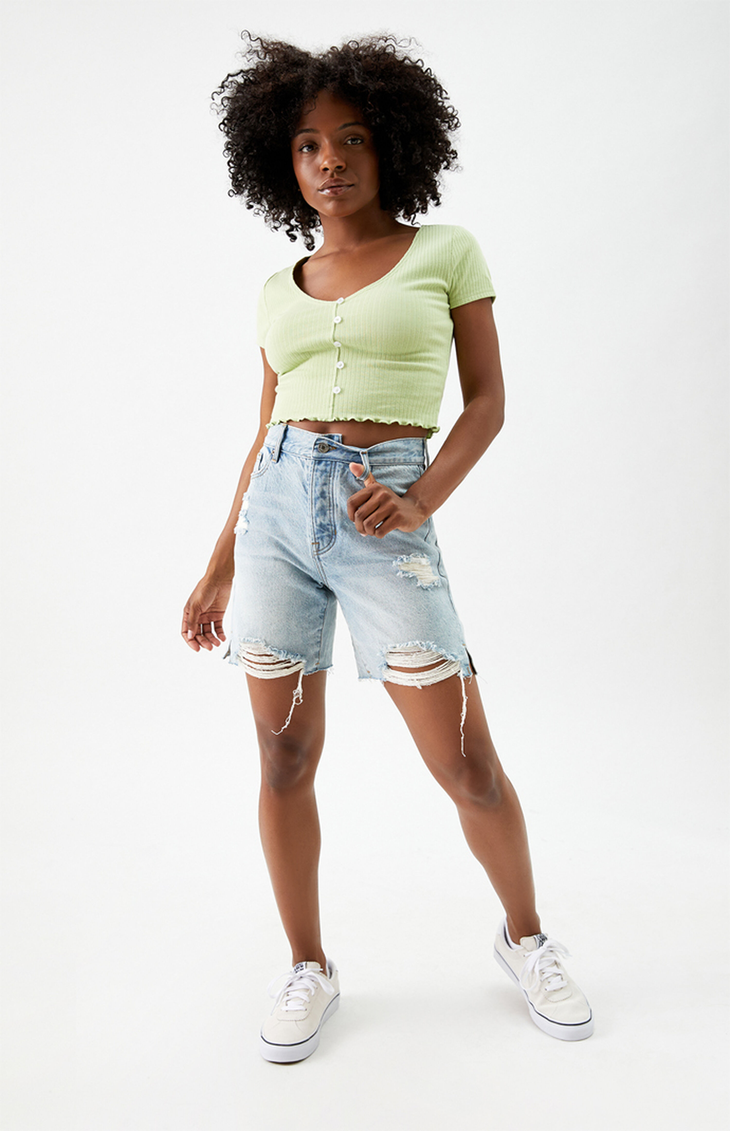 PacSun Light Blue High Waisted Denim Boy Shorts PacSun