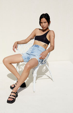 Eco Light Blue Ripped Denim Dad Shorts image number 2