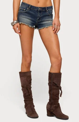 Distressed Hem Denim Micro Shorts image number 1