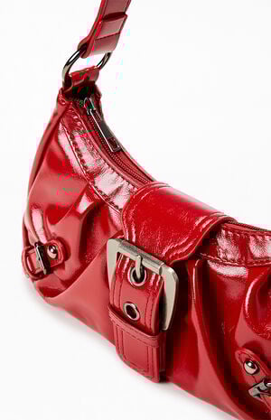 Red Faux Leather Front Buckle Shoulder Bag image number 3