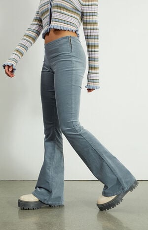 Blue Low Rise Corduroy Flare Pants image number 3