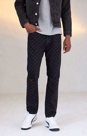 Black Checkerboard Slim Taper Jeans image number 2