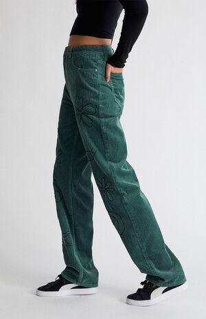 Green Corduroy Embroidered Boyfriend Jeans image number 3