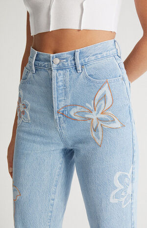 Eco Light Blue Butterfly High Waisted Straight Leg Jeans image number 5