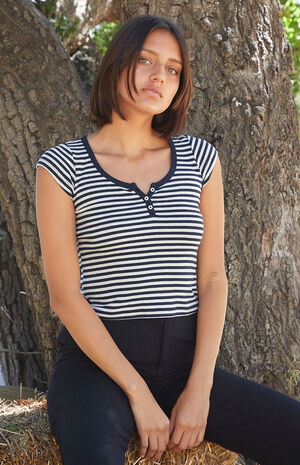 Blue & Grey Striped Zelly Henley Top image number 1