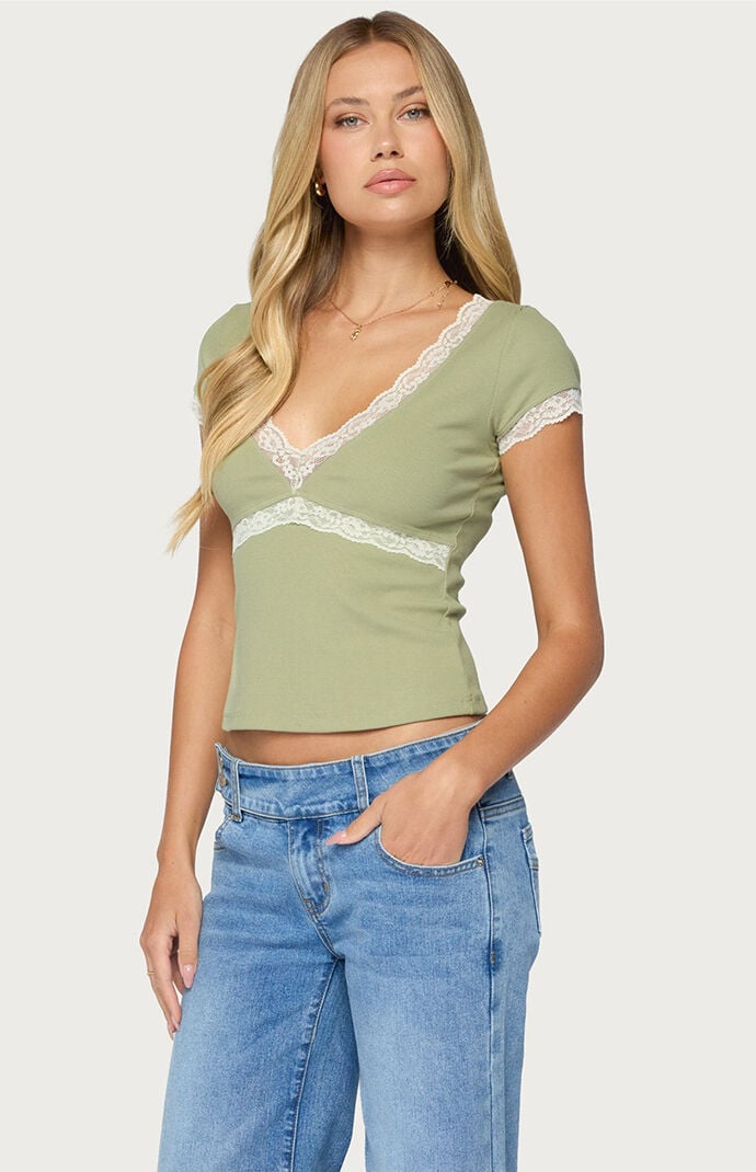 Edikted Juli Lacey Ribbed V Neck Top