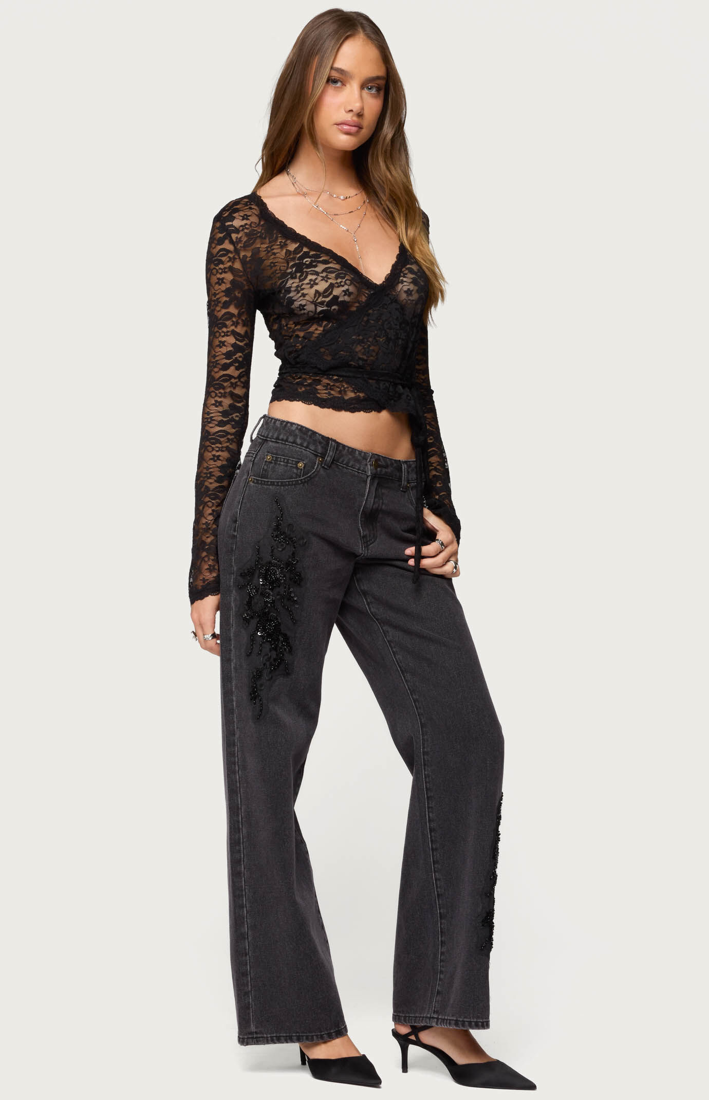 Edikted Medora Sheer Lace Wrap Top | Pacsun