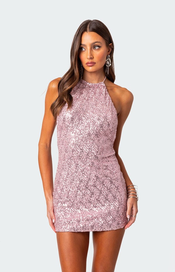 Edikted Sequin Open Back Halter Mini Dress - Pink