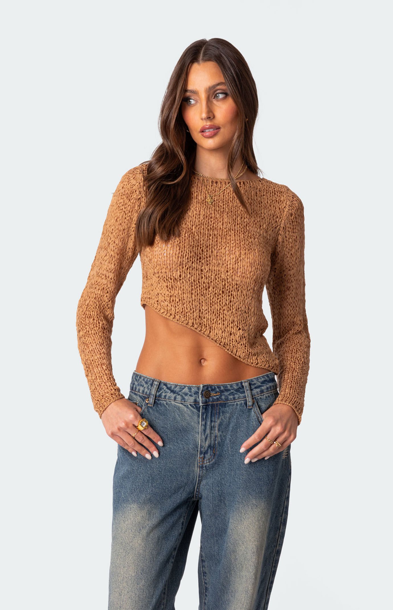 Edikted Sheer Loose Knit Asymmetric Top PacSun