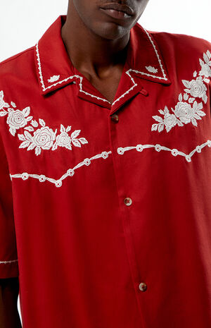Red Western Embroidered Oversized Resort Camp Shirt image number 2