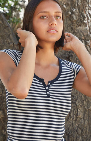 Blue & Grey Striped Zelly Henley Top image number 2