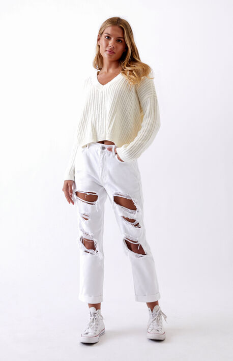 Prime Torn White Mom Jeans