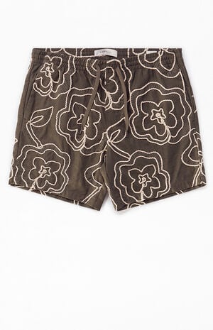 Olive Floral Embroidered Volley Shorts