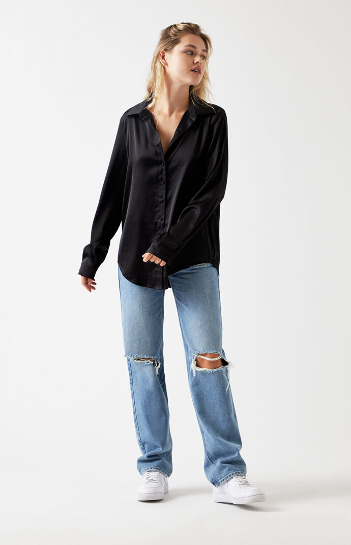 Satin Long Sleeve Button Up Blouse
