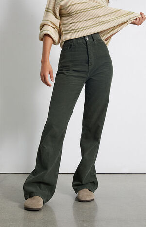 The Green High Waisted Corduroy Pants - Women's Corduroy High Waist Pants,  Straight, Cotton - Green - Bottoms