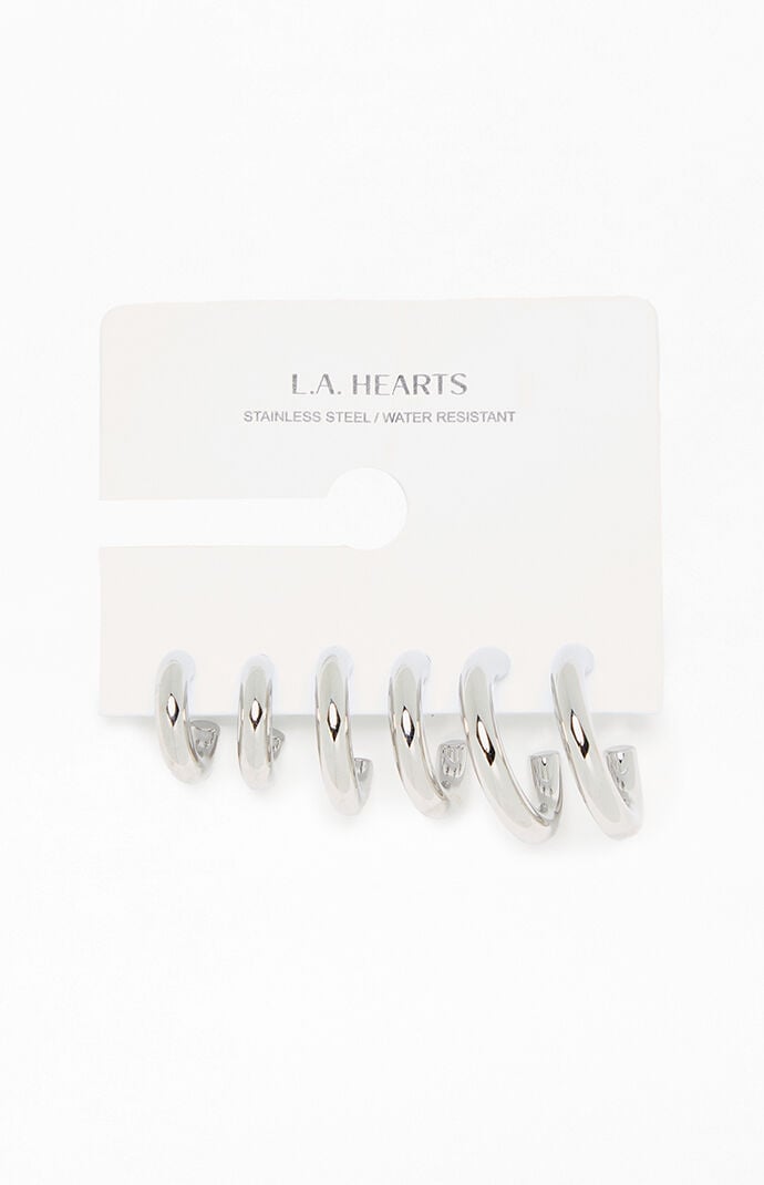 LA Hearts 3 Pack Chunky Silver Hoop Earrings