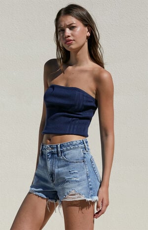 Light Indigo Ripped High Waisted Denim Festival Shorts image number 4