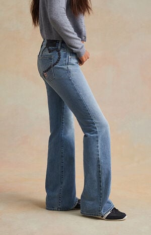 Light Blue Lock Embroidered Chain Low Rise Bootcut Jeans image number 3