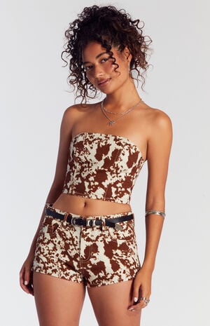 Cow Print Denim Micro Shorts