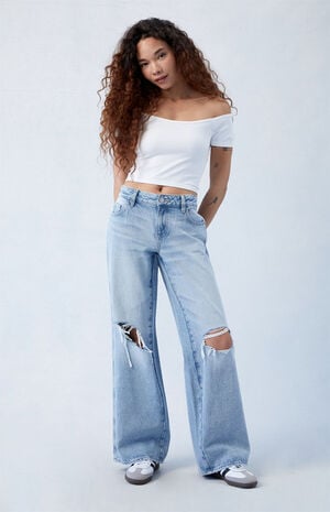 Eco Light Blue Ripped Low Rise Baggy Jeans image number 1
