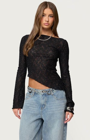 Mare Asymmetric Gem Sheer Lace Top image number 1