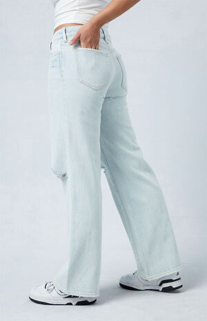 Eco Light Indigo Ripped Low Rise Wide Leg Jeans image number 3
