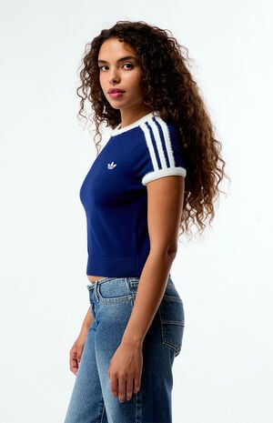 Navy Knit Short Sleeve Crop Top image number 3