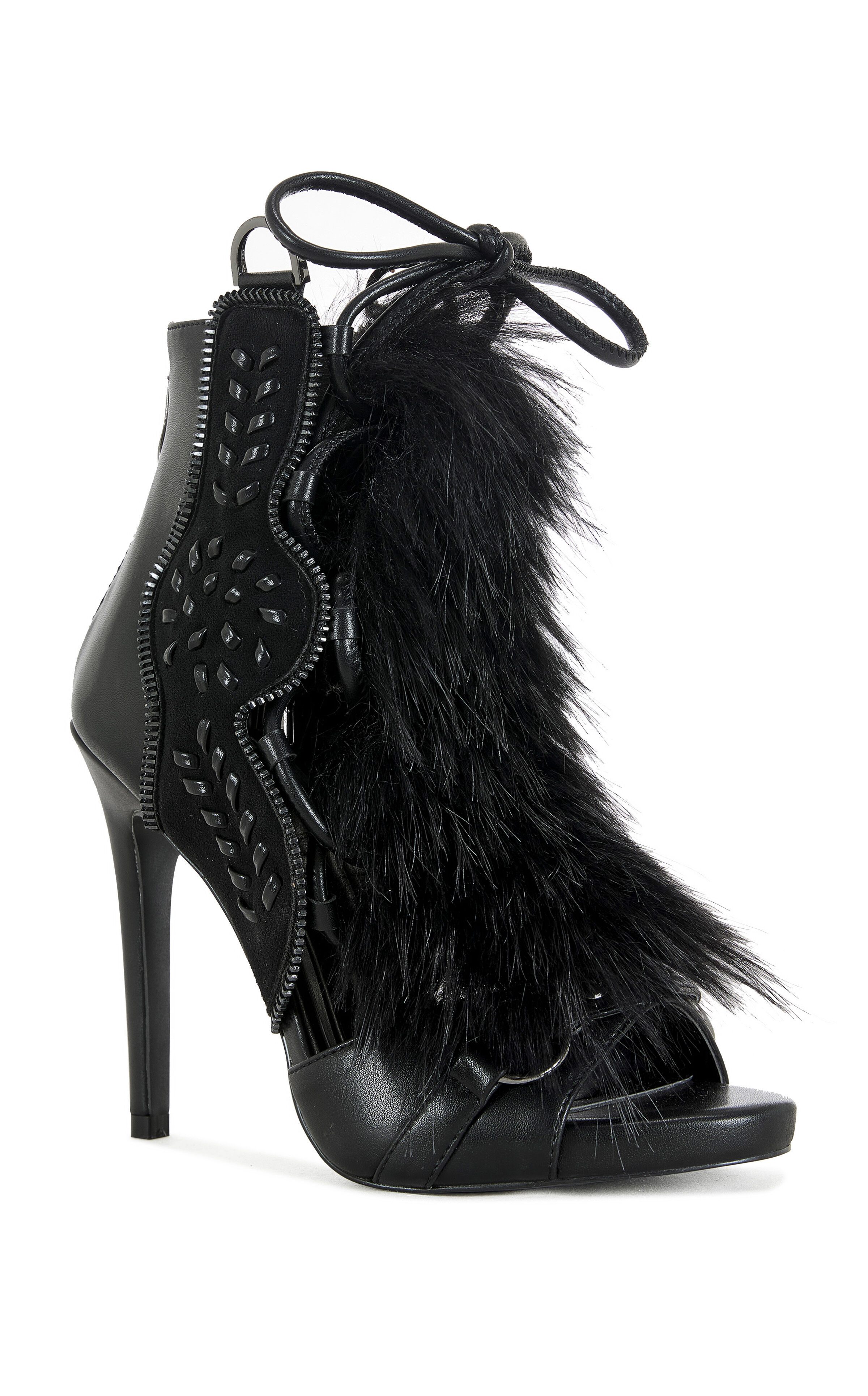 AZALEA WANG Women's Shainy Black Faux Fur Gladiator Sandal Booties